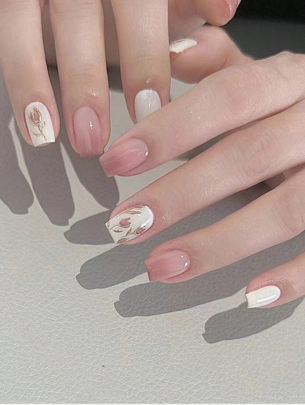 Press-On Nail Set - Burgundy Ombre with Floral Accent